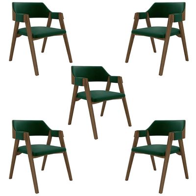 Kit 5 Cadeiras Sala de Jantar e Jogos Carteados Madeira Maciça Poker Veludo Verde/Nogueira G42 - Gran Belo