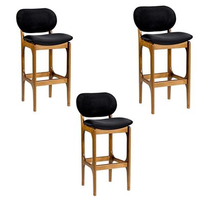 Kit 3 Banquetas Alta Madeira Maciça Soshoku Suede Preto/Imbuia - Gran Belo