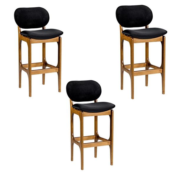 Kit 3 Banquetas Alta Madeira Maciça Soshoku Suede Preto/Imbuia - Gran Belo