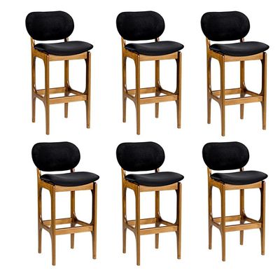 Kit 6 Banquetas Alta Madeira Maciça Soshoku Suede Preto/Imbuia - Gran Belo