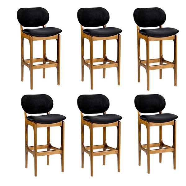 Kit 6 Banquetas Alta Madeira Maciça Soshoku Suede Preto/Imbuia - Gran Belo