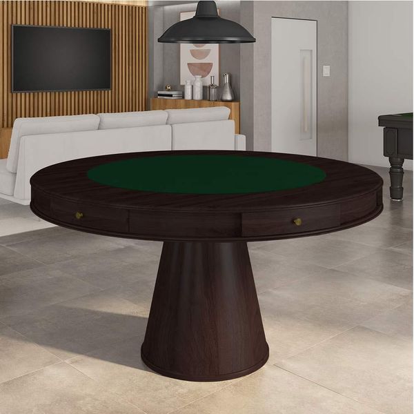 Mesa de Jogos Carteado 6 Lugares Bellagio com Gavetas e Tampo Reversível Base Cone com Tecido Tabaco/Verde G42 - Gran Belo