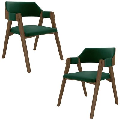 Kit 2 Cadeiras Sala de Jantar e Jogos Carteados Madeira Maciça Poker Veludo Verde/Nogueira G42 - Gran Belo