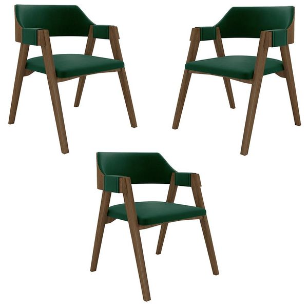 Kit 3 Cadeiras Sala de Jantar e Jogos Carteados Madeira Maciça Poker Veludo Verde/Nogueira G42 - Gran Belo