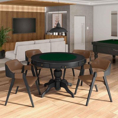 Kit 4 Cadeiras Sala de Jantar e Jogos Carteados Madeira Maciça Poker Pu Caramelo/Preto G42 - Gran Belo