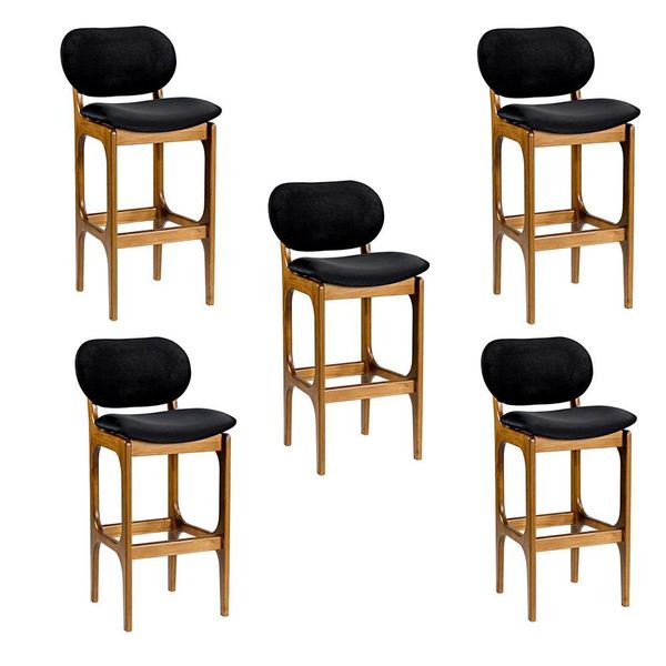 Kit 5 Banquetas Alta Madeira Maciça Soshoku Suede Preto/Imbuia - Gran Belo