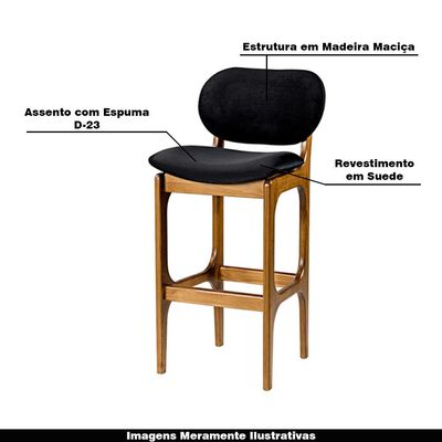 Kit 5 Banquetas Alta Madeira Maciça Soshoku Suede Preto/Imbuia - Gran Belo