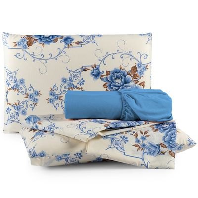 Jogo de Cama Lençol Matrix Queen Percal 4 Peças - Azul