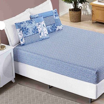 Jogo de Lençol Ayla Casal King 3 Peças Microfibra Estampada Floral - Azul Sereno