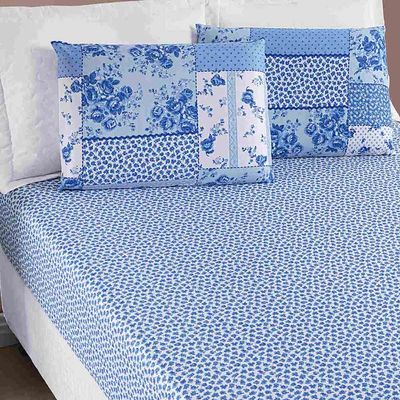Jogo de Lençol Ayla Casal King 3 Peças Microfibra Estampada Floral - Azul Sereno