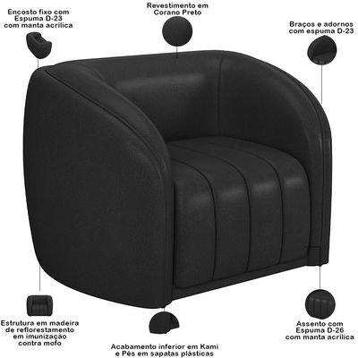 Kit Sofá 3 Lugares Sala Estar 292cm Com Poltrona Lazio Pés Madeira M03 Corano Preto - Lyam Decor