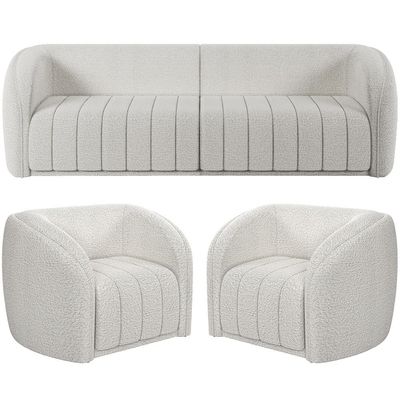 Kit Sofá 04 Lugares Para Sala de Estar 292 cm Com 02 Poltronas Lazio M03 Bouclê Branco - Lyam Decor