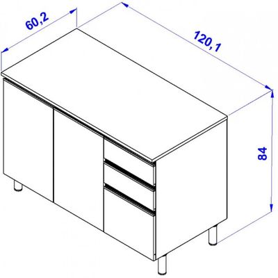 Balcão Bartira Cristal MDP 15mm com 2 Portas, 3 Gavetas e 1 Prateleira - 120,1cm de largura Lâmina Mel