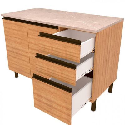 Balcão Bartira Cristal MDP 15mm com 2 Portas, 3 Gavetas e 1 Prateleira - 120,1cm de largura Lâmina Mel
