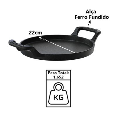 Bifeteira Redonda Alça Ferro Fundido Servir Porção 22cm