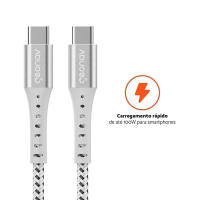 Cabo USB-C ESC06WT em Nylon Trançado Geonav 1,2 metro Branco