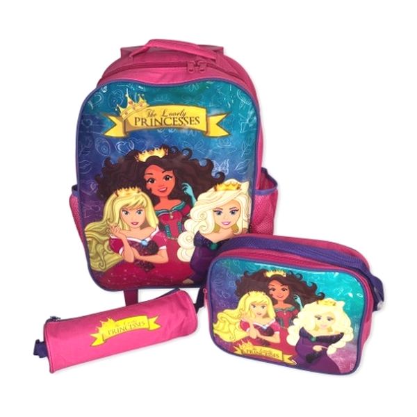 Kit Mochila Infantil Escolar com 3 Peças Princesas Rosa