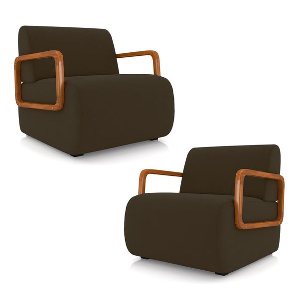 Kit 2 Poltronas Decorativa Sala de Estar Odessa Braços em Madeira Veludo Marrom G33 - Gran Belo