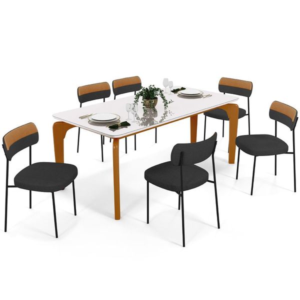 Mesa De Jantar Capri Off White 6 Cadeiras Melina B05 Linho Grafite Couríssimo Caramelo - Lyam Decor