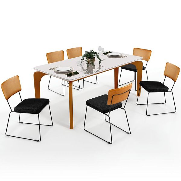 Mesa Capri 160cm Off White Com 6 Cadeiras Allana B05 Couríssimo Whisky Linho Chumbo - Lyam Decor