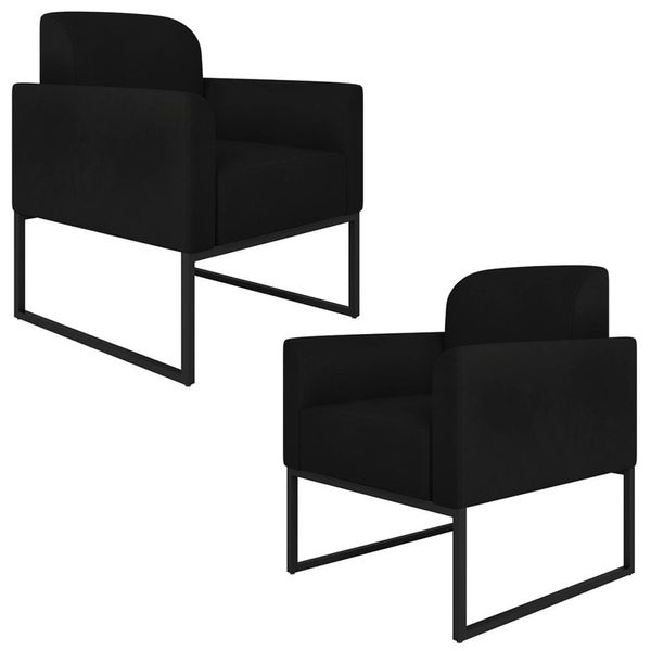 Kit 2 Poltronas Decorativas Isabella Base Industrial Suede Preto
