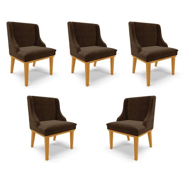 Kit 5 Cadeiras Decorativas Sala de Jantar Base Fixa de Madeira Firenze Suede Marrom/Castanho G19 - Gran Belo