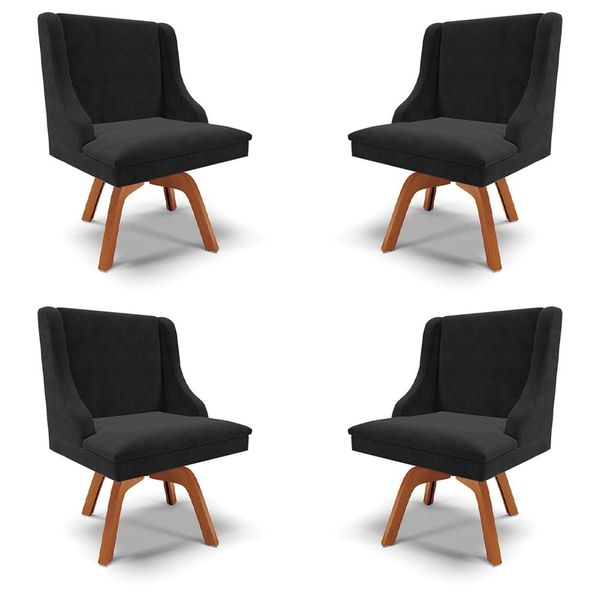 Kit 4 Cadeiras Decorativas Sala de Jantar Base Giratória de Madeira Firenze Suede Preto/Natural G19 - Gran Belo