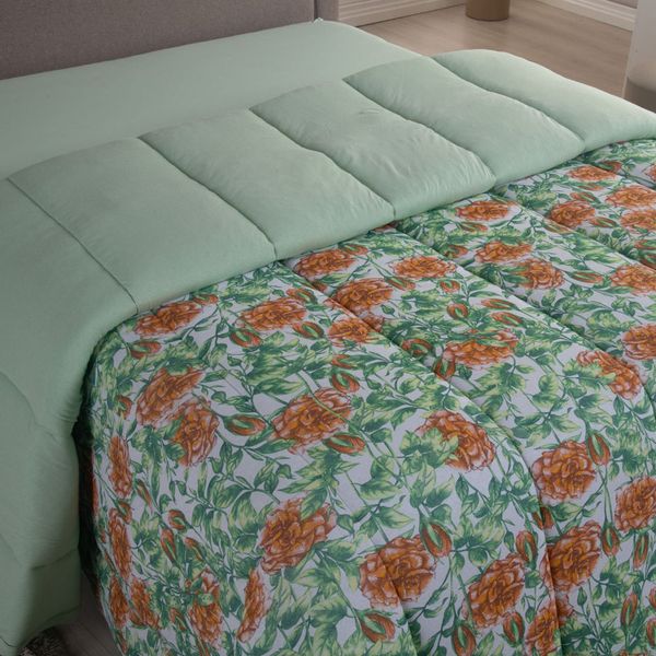 Edredom Cobertor Sonnet Queen Malha Estampada Dupla Face 100% Algodão - Floral - Verde