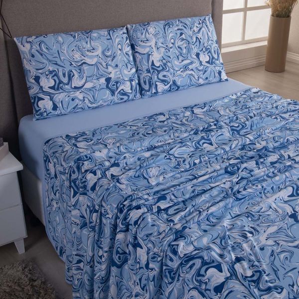 Jogo Cama Lençol Sonnet Casal Padrão Malha Estampada 100% Algodão 4 Peças - Abstrato - Azul Turquesa