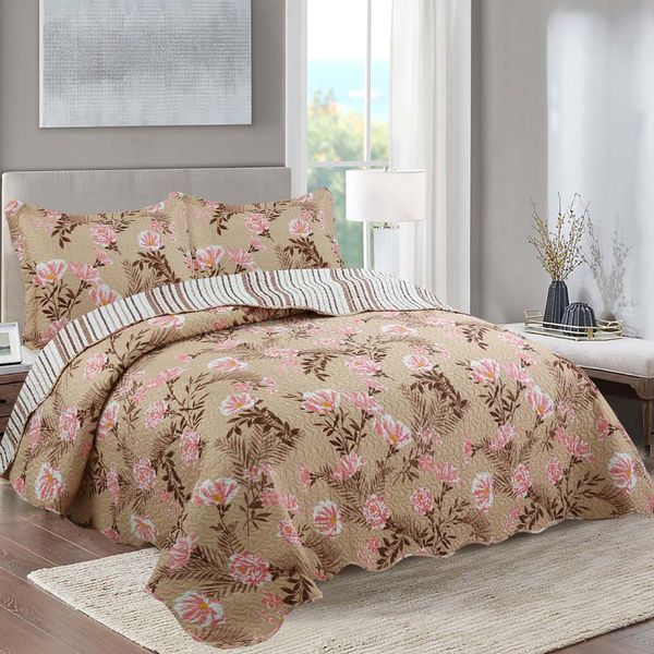 Kit Cobre Leito Colcha Mix Queen Estampado Dupla Face Floral 3 Peças - Jéssica - Bege