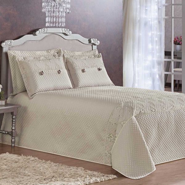 Kit Cobre Leito Queen Ingrid Tecido Micro Fibra Matelado 5 Peças - Bege