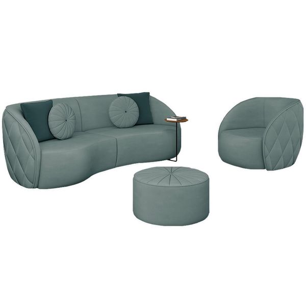 Conjunto Decorativo Sofá 240cm e Poltrona Clarke com Puff Round Veludo Azul Turquesa - Gran Belo