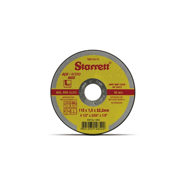 Disco Corte Starrett Aco Carb/Inox 115X1,0X22,2Mm c/5 pçs