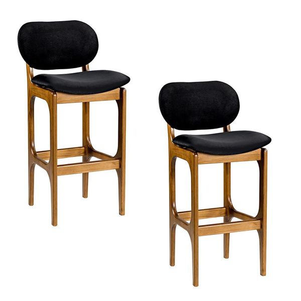 Kit 2 Banquetas Alta Madeira Maciça Soshoku Suede Preto/Imbuia - Gran Belo