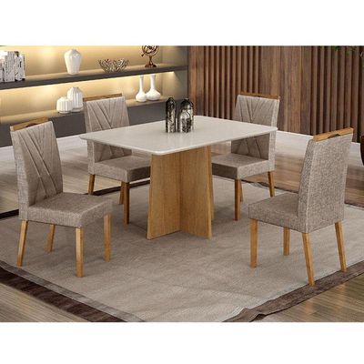 Mesa De Jantar Jade 120x80cm Cinamomo Off White Com 4 Cadeiras Lara Linho Bege - Valdemóveis
