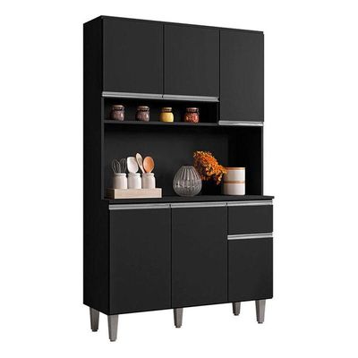 Balcão De Pia Tatiane 120 Cm E Armário Cozinha Kit Márcia Ambiente Preto Fosco - Ajl