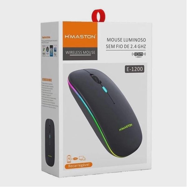Mouse Recarregável Wireless Silencioso RGB E-1200 Preto Mouse Recarregável Wireless Silencioso RGB E-1200 Preto