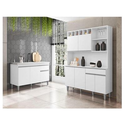 Balcão De Pia Tatiane 120 Cm E Armário Cozinha Kit Alice Branco Brilho - Ajl