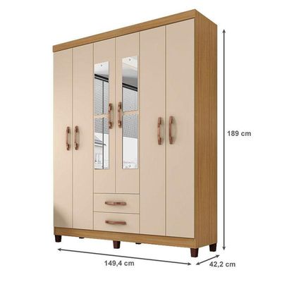 Guarda Roupa Casal Modena Com Espelho 6 Portas E Cômoda Cannes 5 Gavetas Carvalho Americano Off White - Incorplac