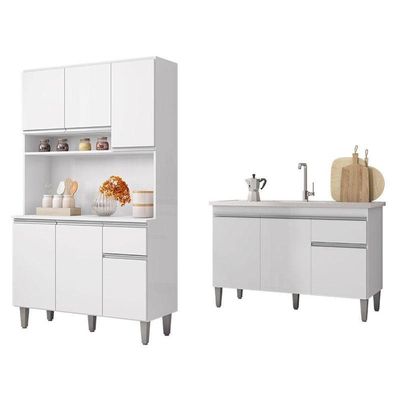 Balcão De Pia Tatiane 120 Cm E Armário Cozinha Kit Márcia Ambiente Branco Brilho - Ajl