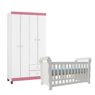 Berço Americano Lara E Guarda Roupa Ternura Baby 4 Portas Branco Brilho - Incorplac