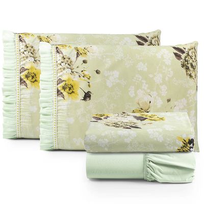 Jogo de Lençol Afrodite Casal 4 Pçs Algodão 180 Fios Estampa Floral - Verde
