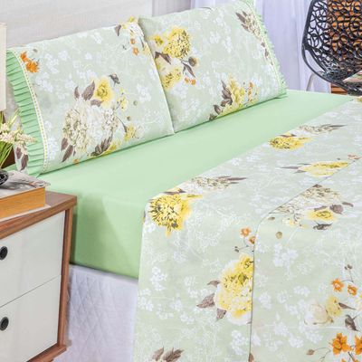 Jogo de Lençol Afrodite Casal 4 Pçs Algodão 180 Fios Estampa Floral - Verde