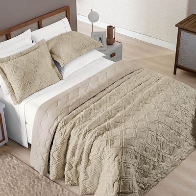 Coordenado Cobre Leito e Cobertor Tok Max Queen Ultrasoft Alto Relevo Dupla Face - Cáqui