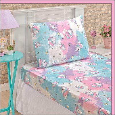 Jogo de Cama Lençol em Malha Solteiro Unicórnio 2 Peças - Rosa