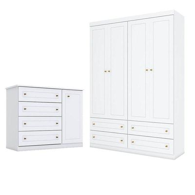 Cômoda E Guarda Roupa Infantil Americano 4 Portas Branco Hp - Henn