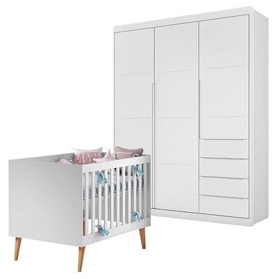 Berço Americano Ludmila E Guarda Roupa Blenda Branco Acetinado - Phoenix