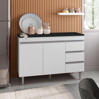 Balcão De Cozinha Andréia Branco Com Tampo 120 Cm Preto Fosco - Ajl