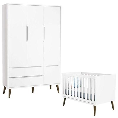 Berço Americano E Guarda Roupa 3 Portas Infantil Theo Branco Acetinado Com Pés Amadeirado - Reller