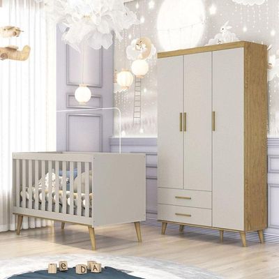 Berço Americano E Guarda Roupa Infantil Ludmila Off White Bétula - Carolina Baby